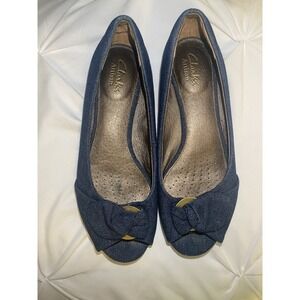 Clarks‎ Artisan Women's 7 Blue Denim Bow Ballet Flats Peep Toe Shoes